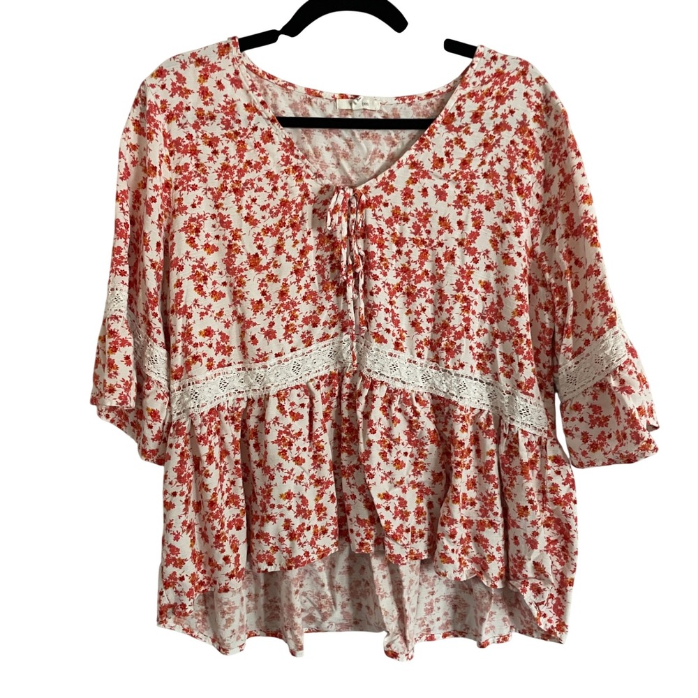 Maurices Peplum Blouse Womens XL Red Floral Lace‎ Trim Boho Top